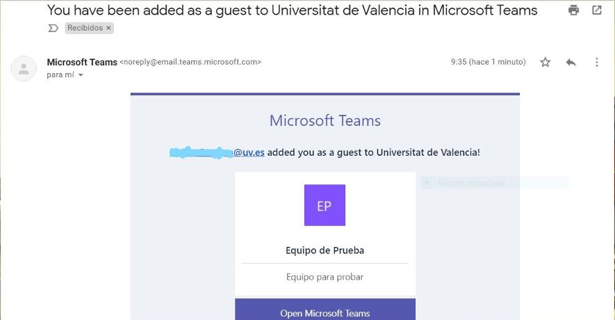 correu de notificació a un usuari com que ha sigut convidat a unirse a un equip de Teams