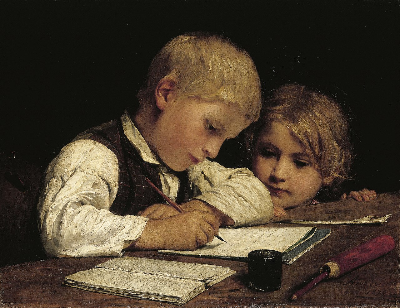 Obra: Niño escribiendo ante su hermana (Albert Anker)