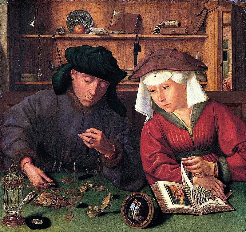 Óleo sobre tabla "El cambista y su mujer"