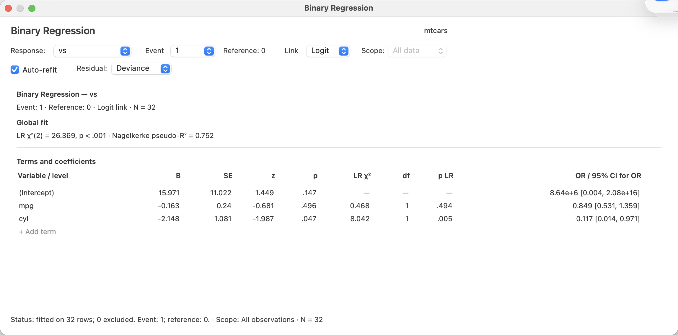 Native LinkEDA Binary Regression window fitted to the mtcars data.
