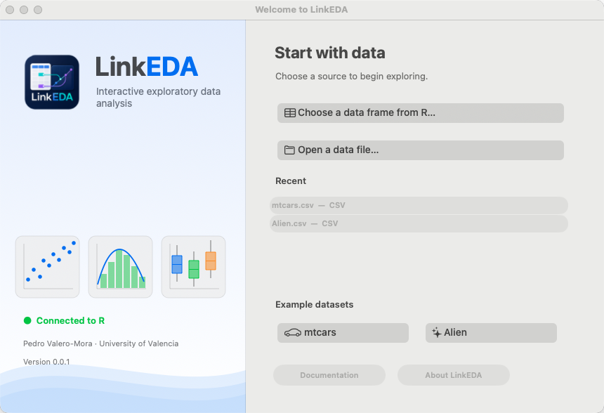 The real LinkEDA Welcome Window with commands to choose an R data frame, open a data file, or load example data.
