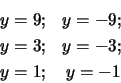 \begin{eqnarray*}y = 9; & y = -9; \\
y = 3; & y = -3; \\
y = 1; & y = -1
\end{eqnarray*}