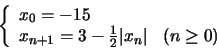 \begin{displaymath}\left\{
\begin{array}{ll}
x_{0} = -15 & \\
x_{n+1} = 3 - \frac{1}{2}\vert x_{n}\vert & (n \geq 0)
\end{array}\right.
\end{displaymath}