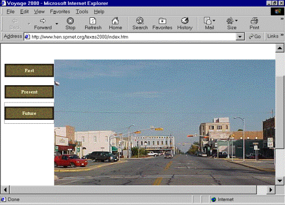 Picture of the cover page of the Henderson IndepenentSchool District exhibit, showing a photograph of Henderson and links toexhibits about the town's past, present, and future.