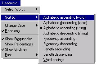 Concordance screenshot - Headwords Menu